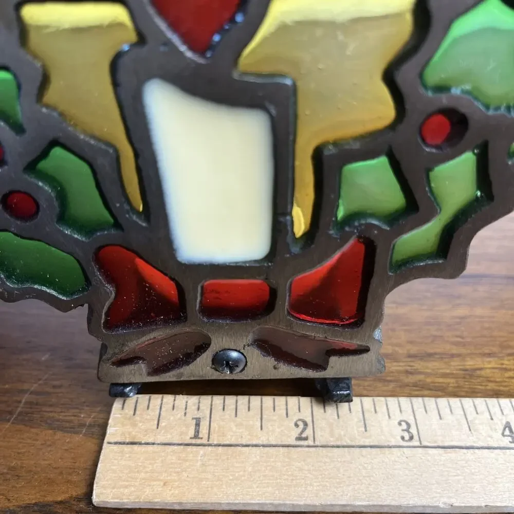Vintage Stained Glass & Cast-Iron Christmas Tea Light Candle Holder Holiday Core